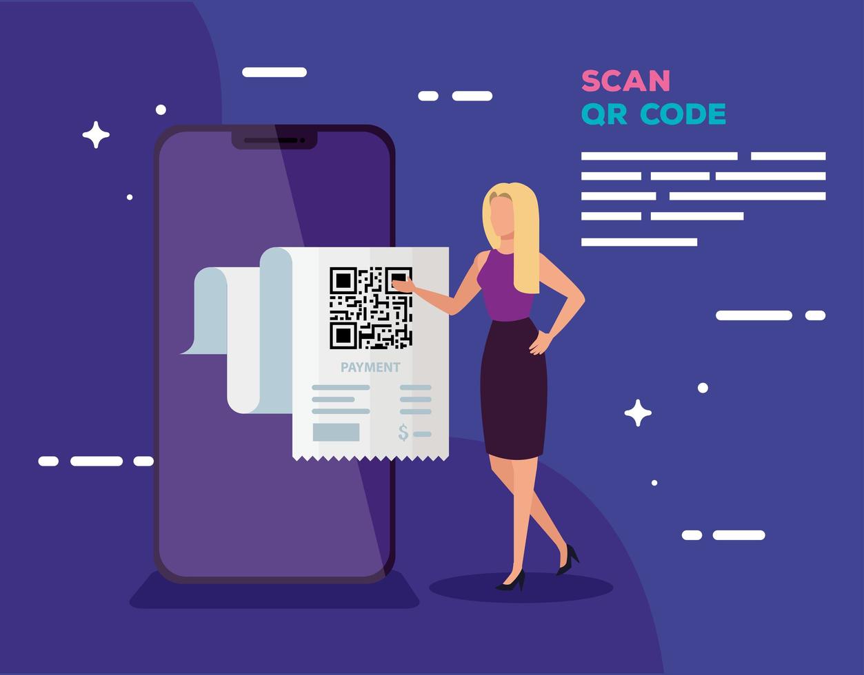 smartphone verifica o código qr com uma mulher de negócios vetor