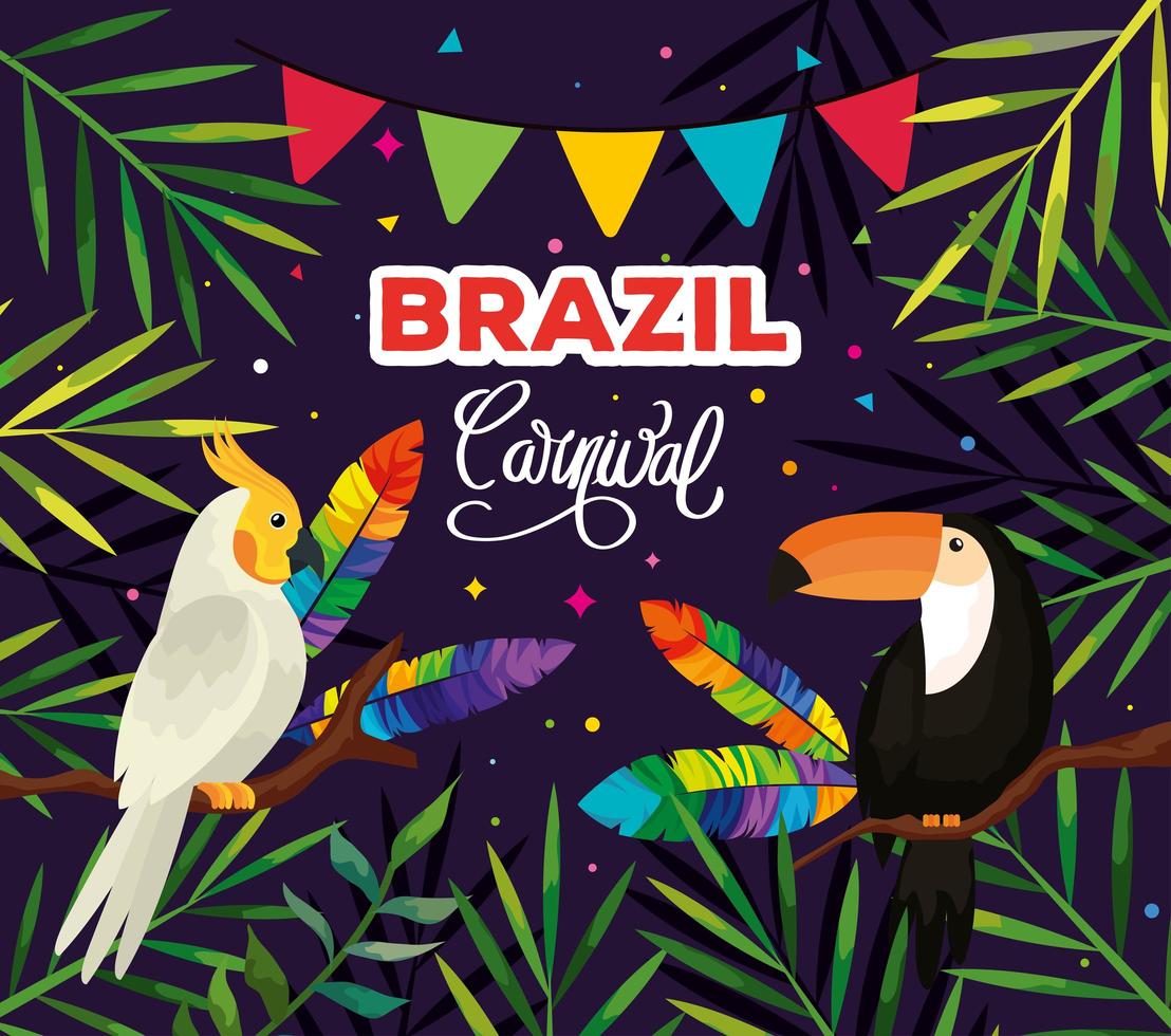 pôster do carnaval do brasil com pássaros e folhas tropicais vetor