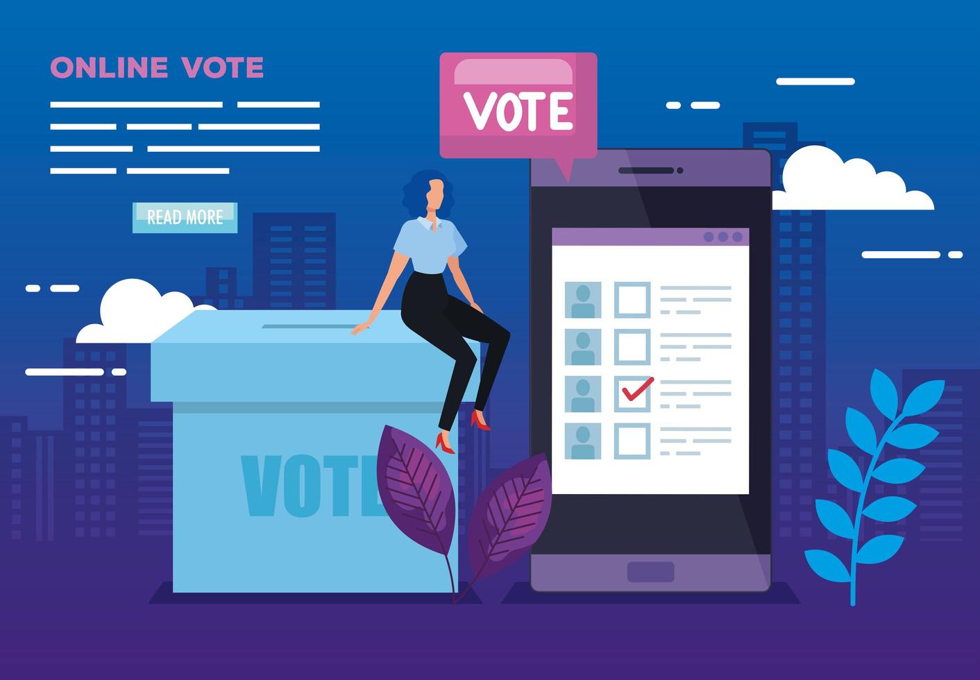 cartaz de votação online com smartphone e mulher de negócios vetor
