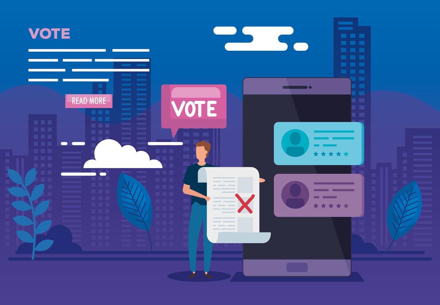 cartaz de votação online com smartphone e homem vetor