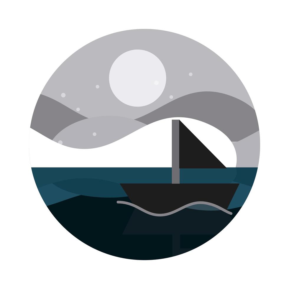ícone de estilo plano paisagem natureza veleiro mar sol céu colinas vetor