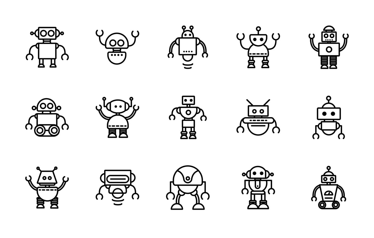 ícones de máquinas artificiais de personagens de tecnologia de robôs definidos linear vetor