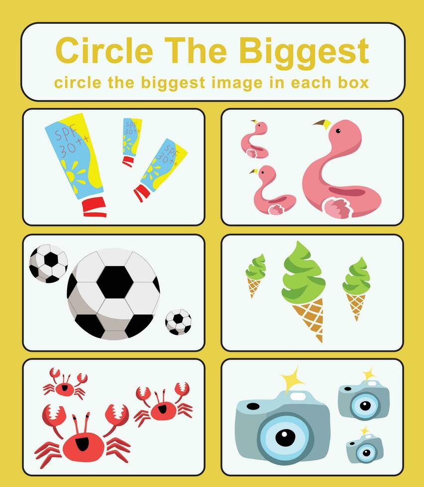 educacional jogos para crianças. círculo a maior objeto dentro cada caixa. imprimível atividade página para crianças. vetor arquivo.