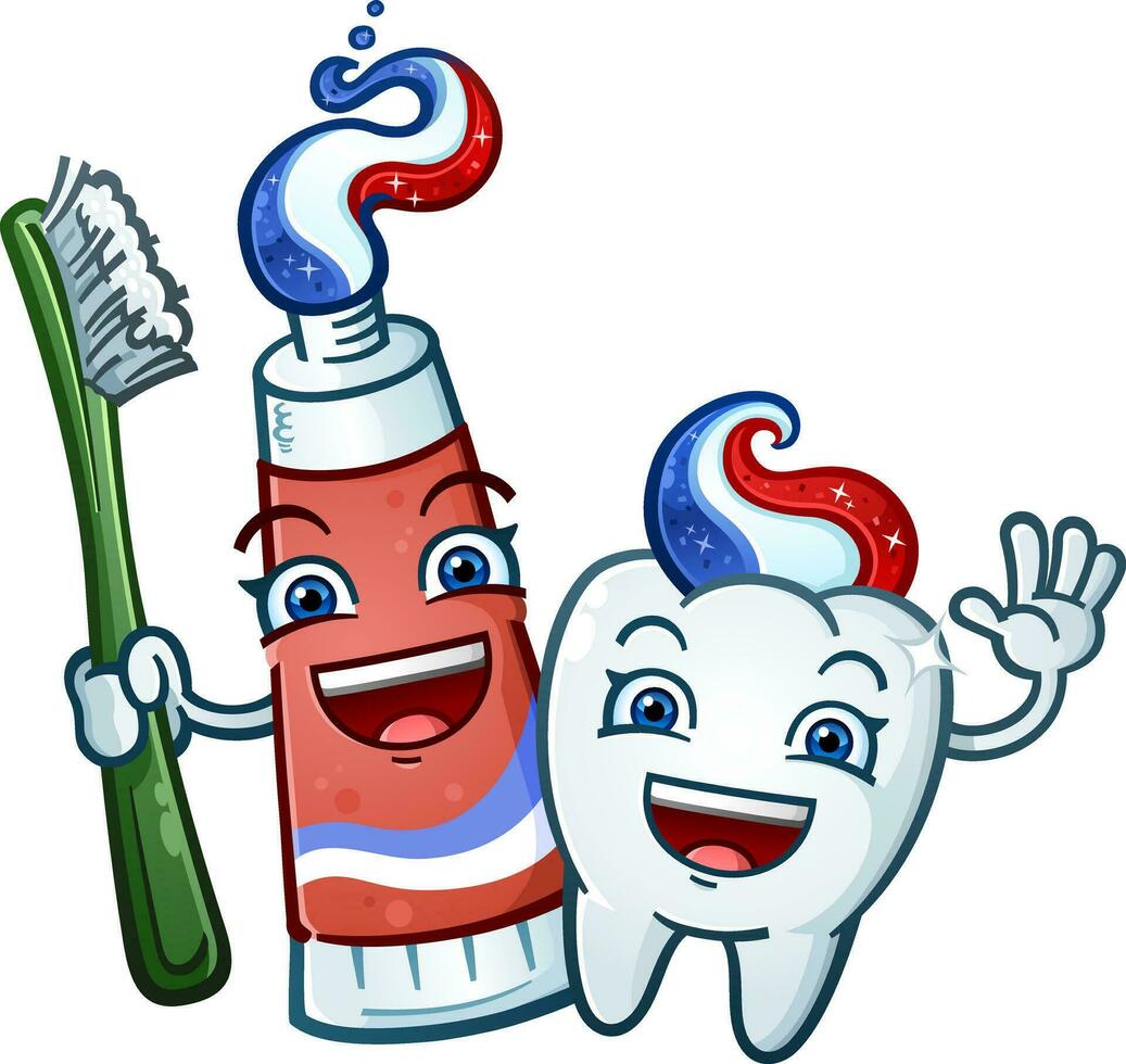 dente e pasta de dentes tubo melhor amigos para sempre sorridente abraçando e rindo dental vetor desenho animado personagens