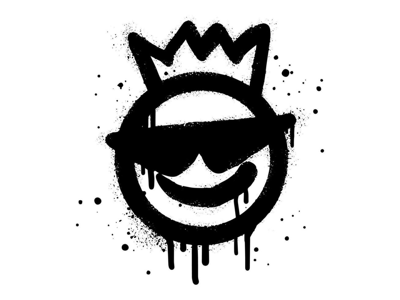 sorridente face emoji personagem com coroa. spray pintado grafite sorrir face dentro Preto sobre branco. isolado em branco fundo. vetor ilustração