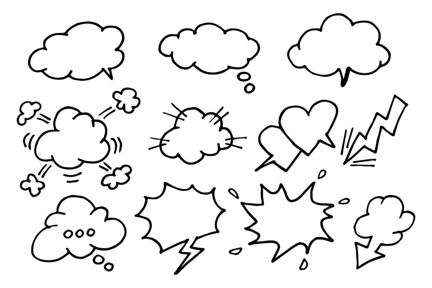 uma conjunto do quadrinho elementos rabiscos. bolha discurso pensar e falar. rabisco quadrinho balão, nuvem, amor, respingo, falso e mais. vetor ilustração