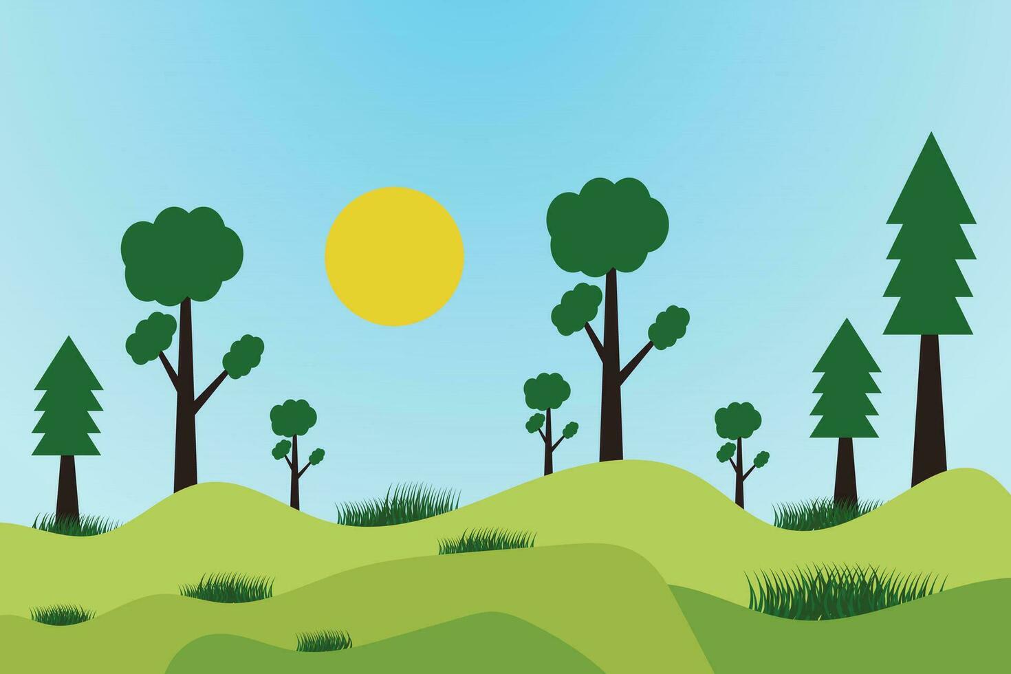 uma desenho animado do árvores dentro uma campo com a Sol brilhando em eles. vetor