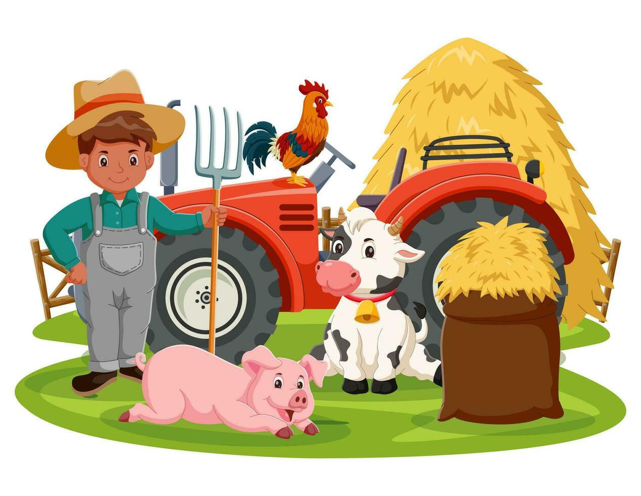 engraçado criança agricultor com uma trator e animais. Fazenda cena com desenho animado animais. vetor ilustração