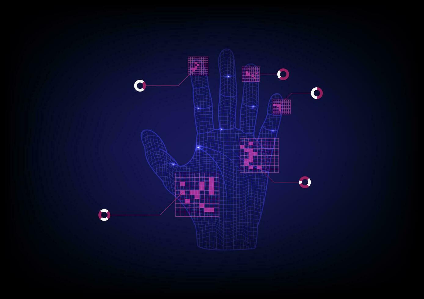 3d estrutura de arame mão com impressão da mão Varredura tecnologia. vetor mão acima ilustração em azul fundo