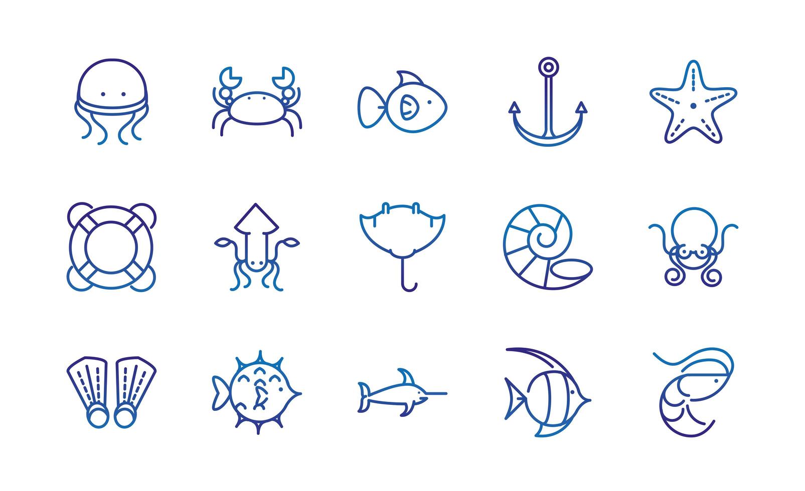 vida marinha animais marinhos náuticos e equipamentos linha grossa ícones azuis vetor