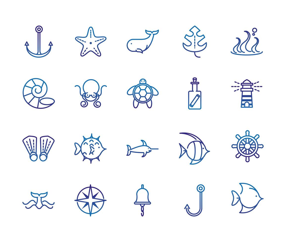vida marinha animais marinhos náuticos e equipamentos linha grossa ícones azuis vetor