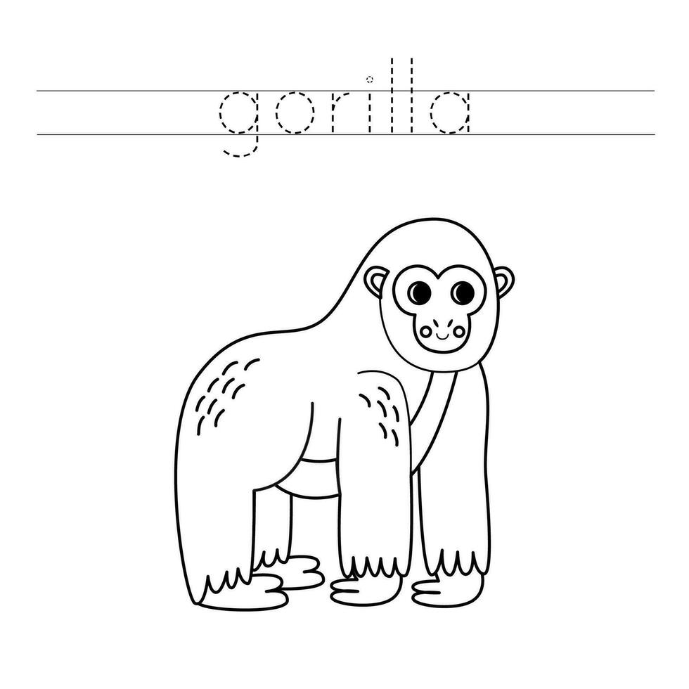 vestígio a cartas e cor desenho animado gorila. caligrafia prática para crianças. vetor