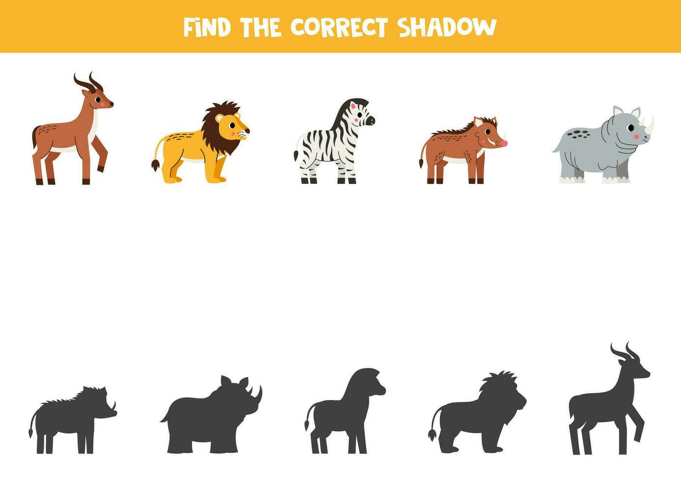encontrar sombras do fofa africano animais. educacional lógico jogos para crianças. vetor