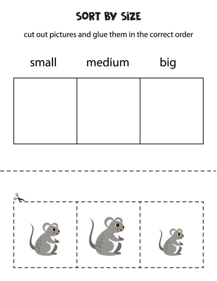 ordenar fofa ratos de tamanho. educacional planilha para crianças. vetor