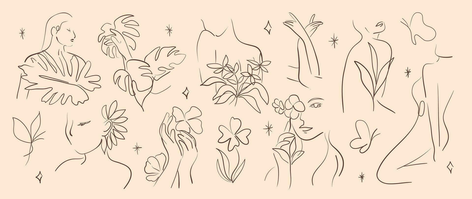 mínimo mão desenhado linha arte vetor definir. estético linha arte Projeto com mulher corpo, rostos, mãos, borboletas, folhas, flor. abstrato desenhando para parede arte, decoração, papel de parede, tatuagem.