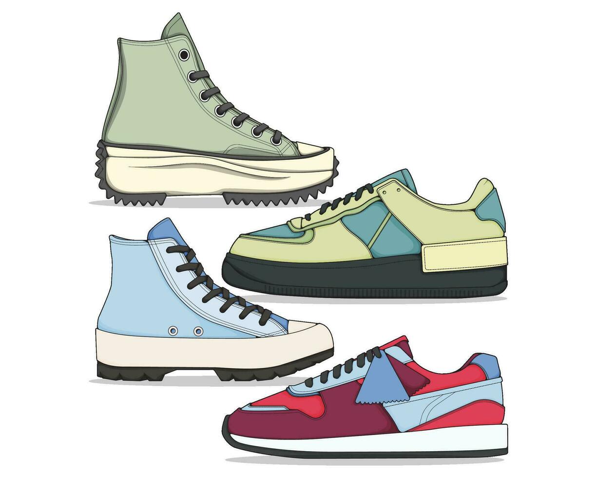 conjunto do tênis ilustração dentro colorida desenhos, tênis vetor linha arte isolado, empacotamento sapato ilustração modelo.