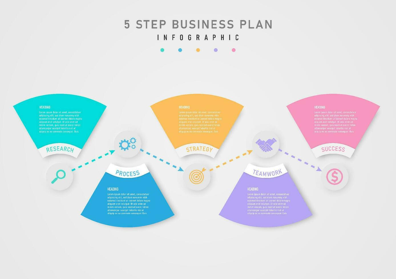 5 degrau infográfico modelo o negócio planejamento para sucesso cinzento círculo botão com Centro ícone com direcional seta linha multicolorido círculo segmentos com branco cartas. em uma cinzento gradiente fundo vetor