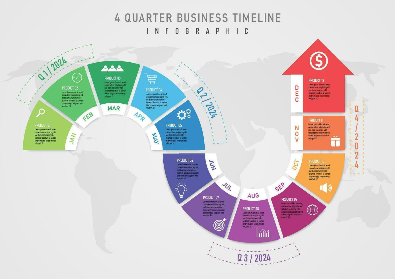 infográfico Linha do tempo multi segmentado circular multi colori Setas; flechas fim 4 trimestre carta mês abreviação em branco fundo. a ícones e cartas dentro a inferior meio ter uma mundo mapa. vetor