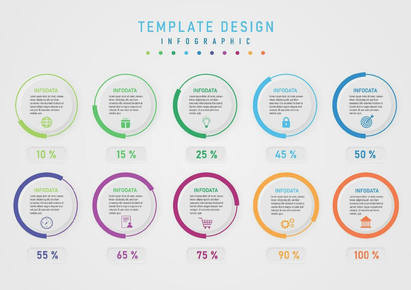 infográfico modelo por cento círculos dividido dentro multi colori Seções de acordo com para a números abaixo a meio botão, lá estão cartas e ícones com uma cinzento gradiente fundo. vetor