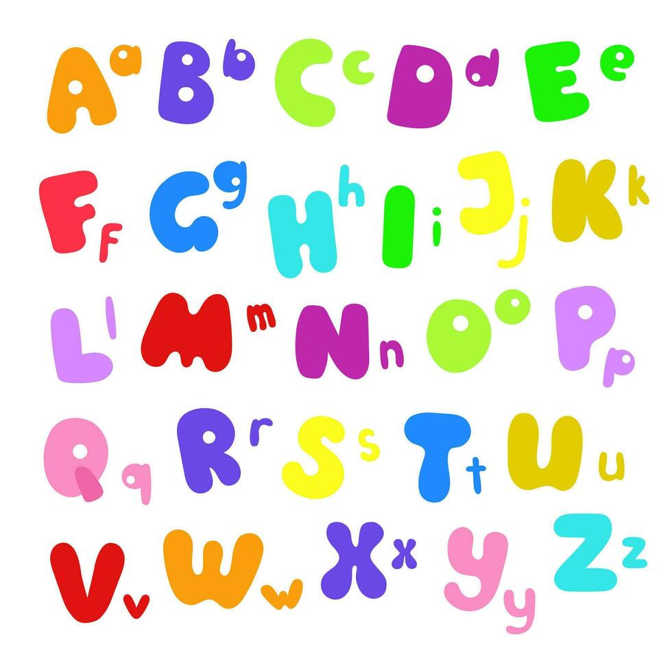 cartas do Inglês alfabeto capital e pequeno do diferente brilhante cores, desenho animado estilo mão desenhado abc conjunto vetor ilustração, fofa engraçado decorativo letras