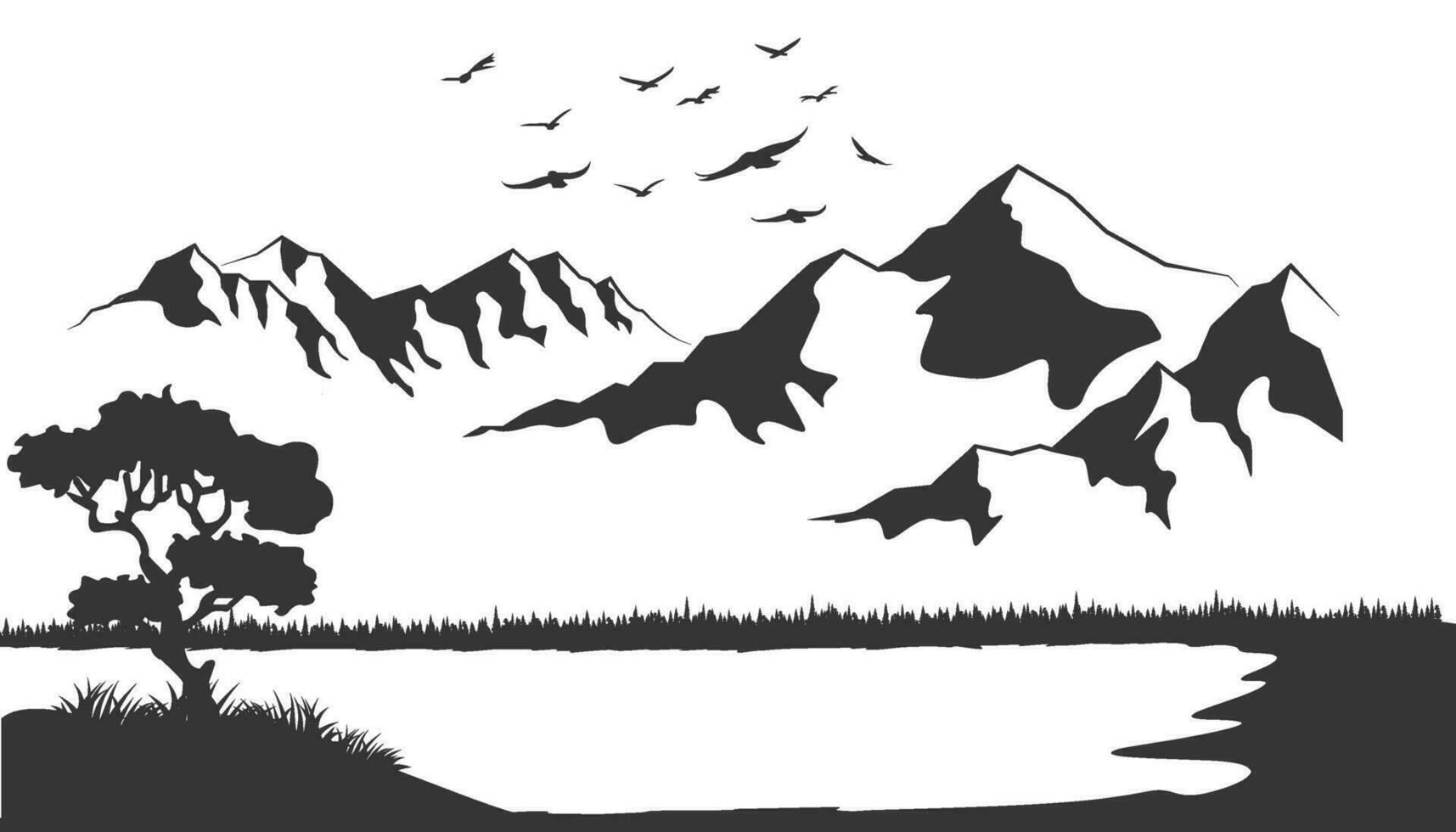 montanha verde vale lago panorama. rio lado dentro montanhas desenho animado ilustração. vetor ao ar livre bandeira fundo. colinas, montanhas, e uma ribeirinha floresta. plano ilustração panorama Projeto.