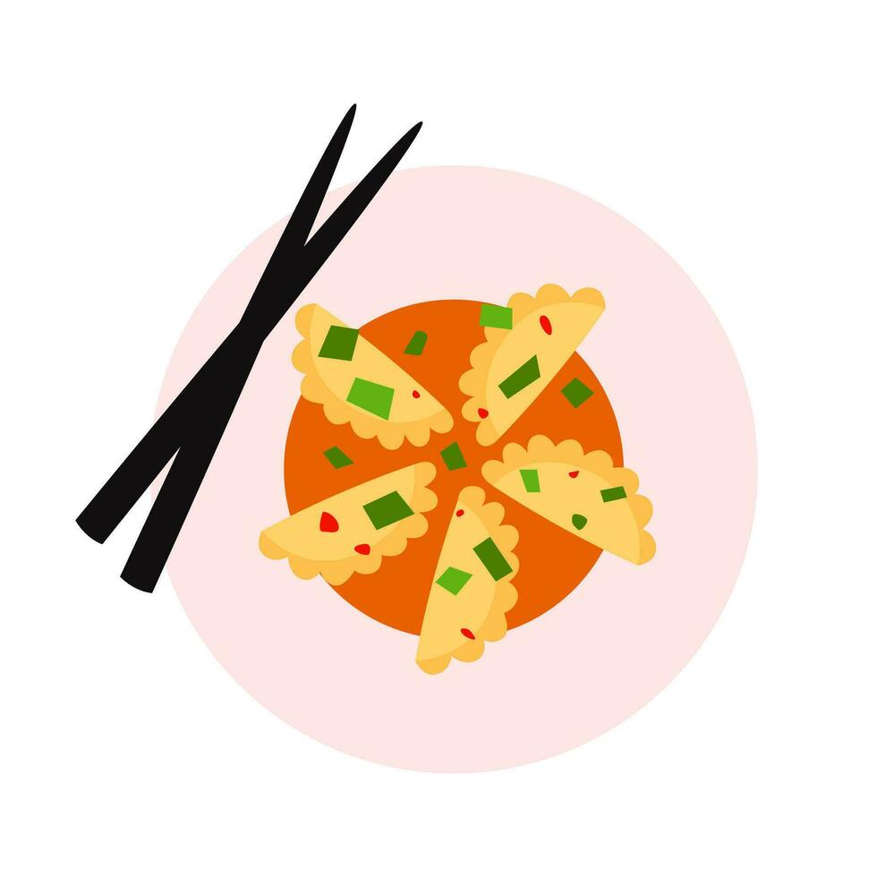 coreano mandu, chinês jiaozi, japonês gyoza, bolinho de massa em placa. plano detalhado estilo. isolado vetor ásia Comida ilustração.
