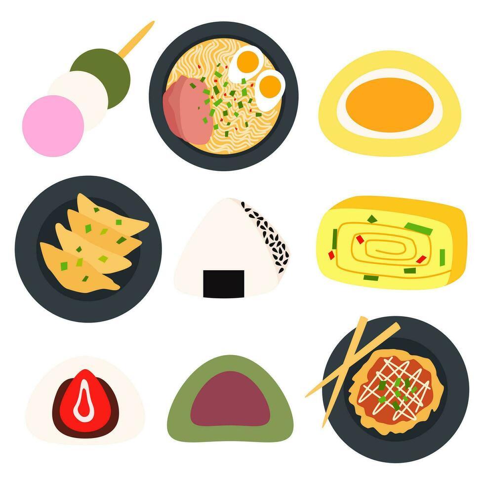 japonês tradicional Comida. gyoza, ramen, okonomiyaki em Preto placa. dango, mochi, kusa mochi, onigiri, daifuku, tamagoyaki. ásia Comida dentro plano detalhado estilo. vetor