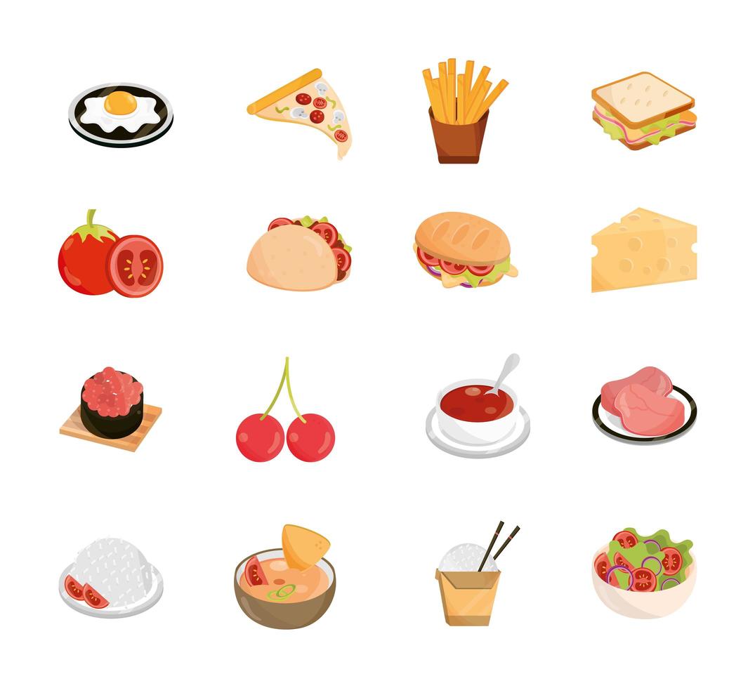 menu de comida restaurante lanche ingrediente conjunto de ícones de estilo simples vetor