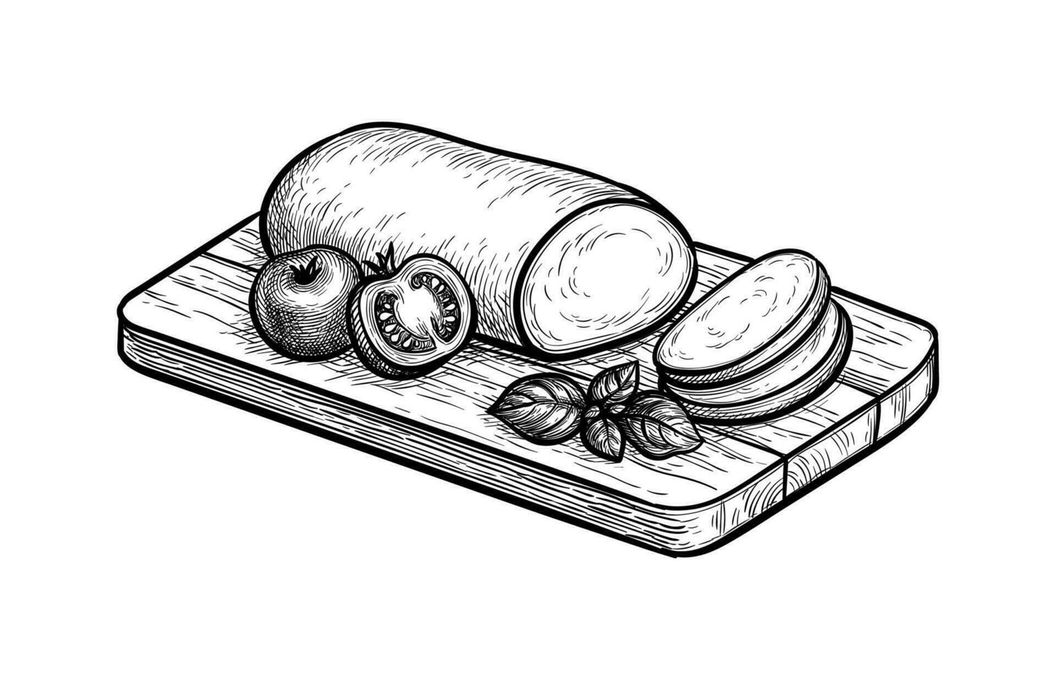 mozzarella queijo com tomates e manjericão em corte borda. tinta esboço isolado em branco fundo. mão desenhado vetor ilustração. vintage estilo acidente vascular encefálico desenho.