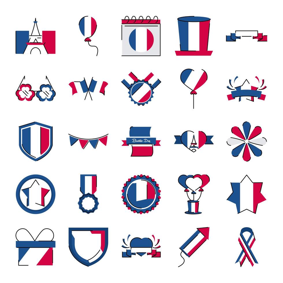 frança e bastille day line e fill style icon set vector design