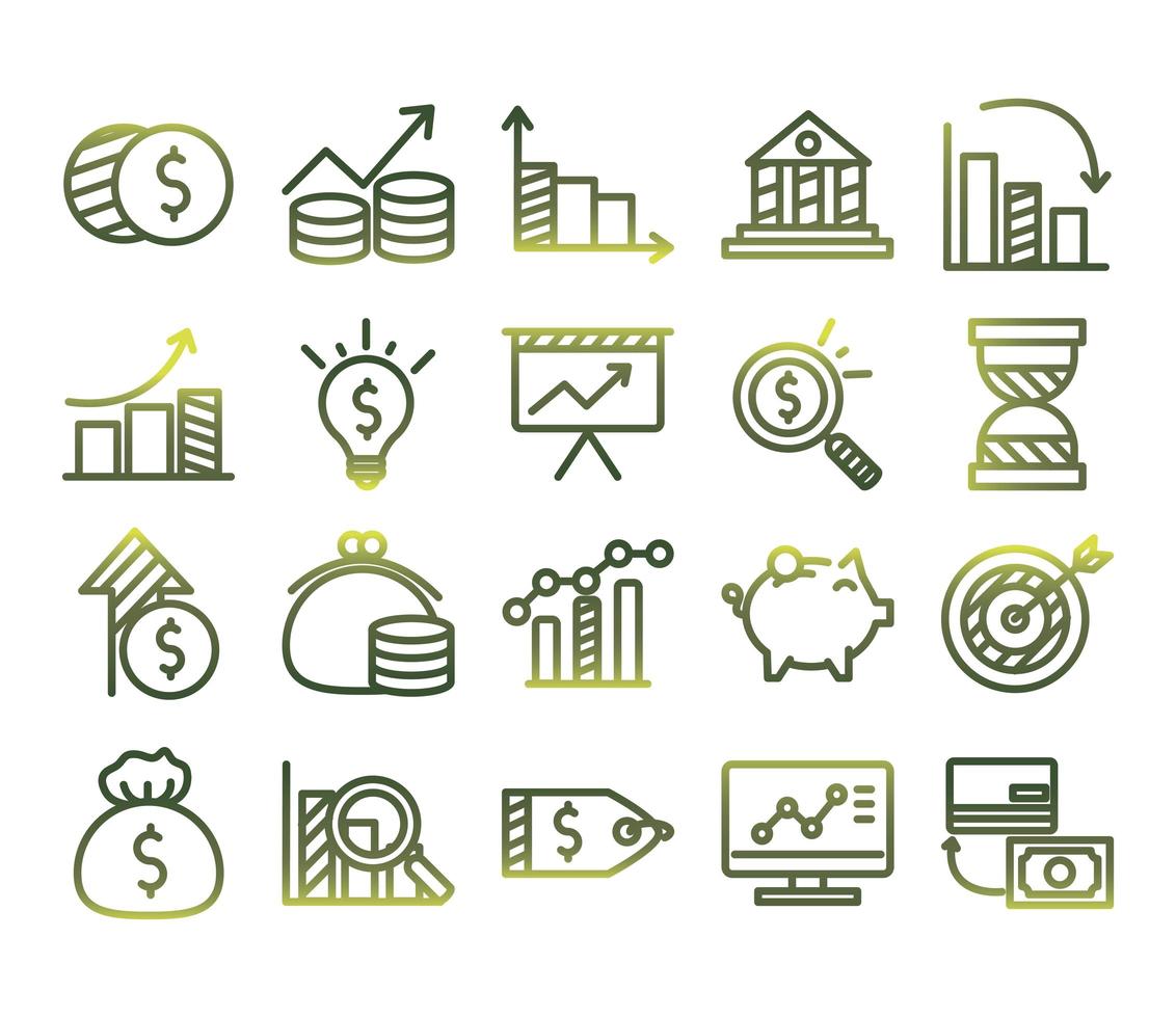 economia e finanças conjunto de ícones de estilo gradiente desenho vetorial vetor