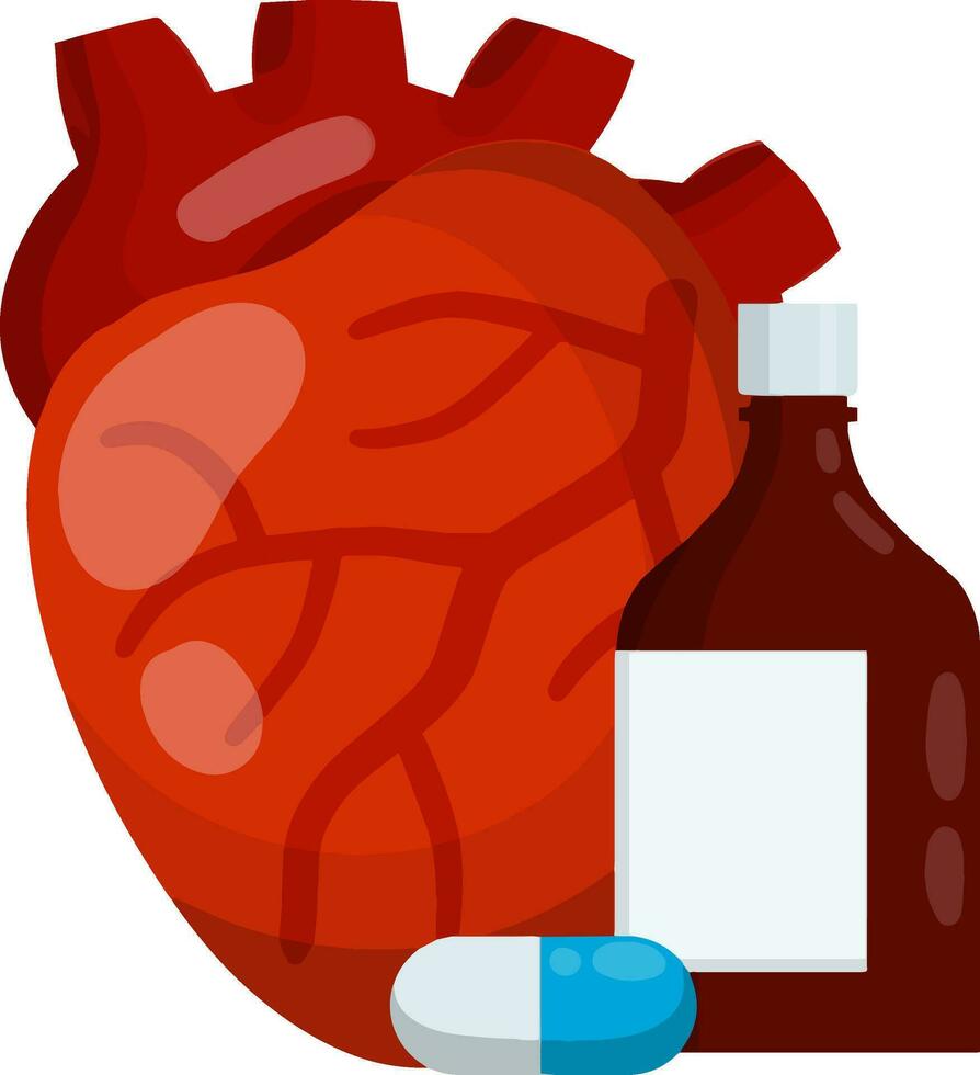 coração e tábua embalagem. garrafa do pílulas. tratamento do cardíaco dor. cardiologia e saúde. hospital elemento e medicamentos. desenho animado plano ilustração vetor