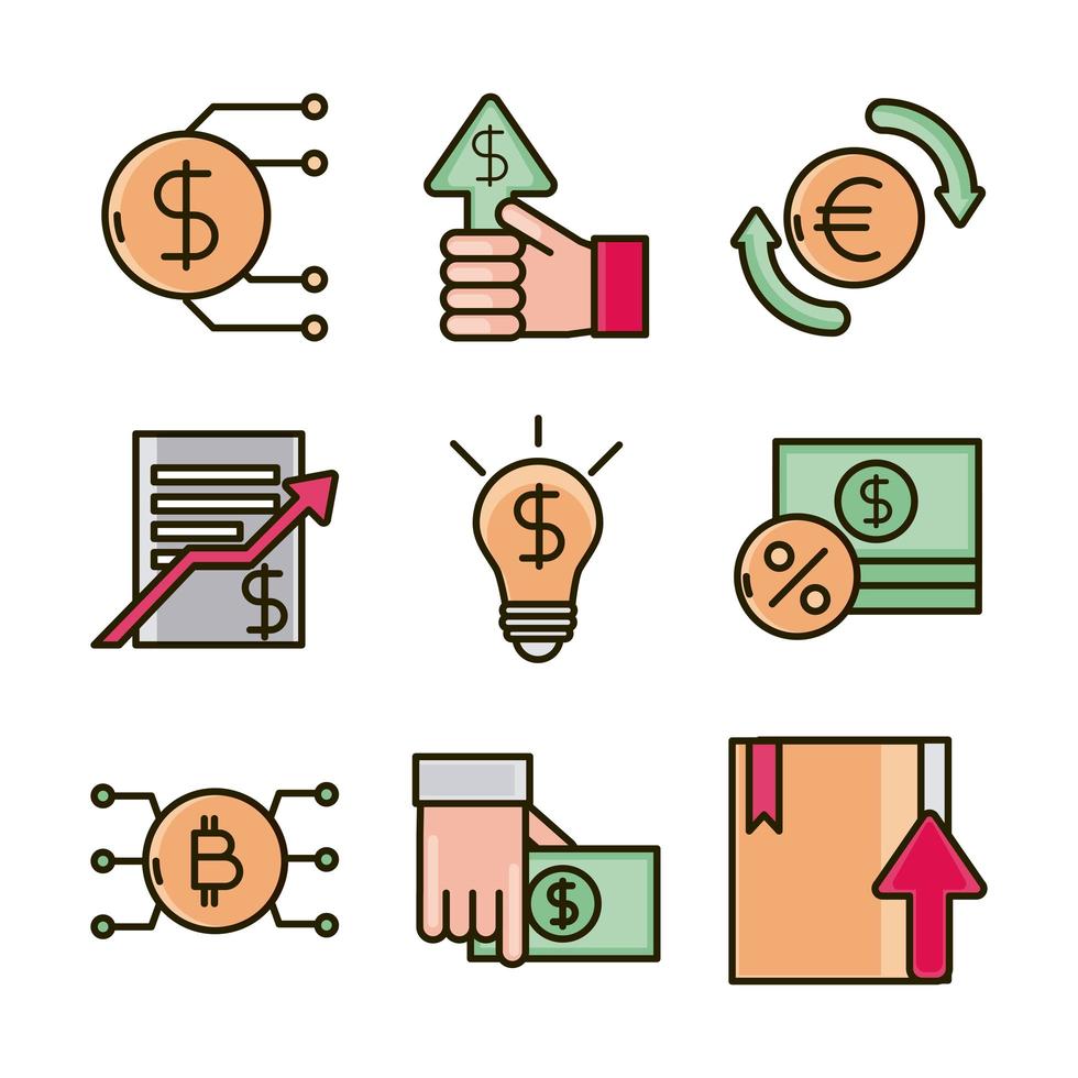 investir negócios economia financeira ícones de dinheiro definir linha e ícone de preenchimento vetor