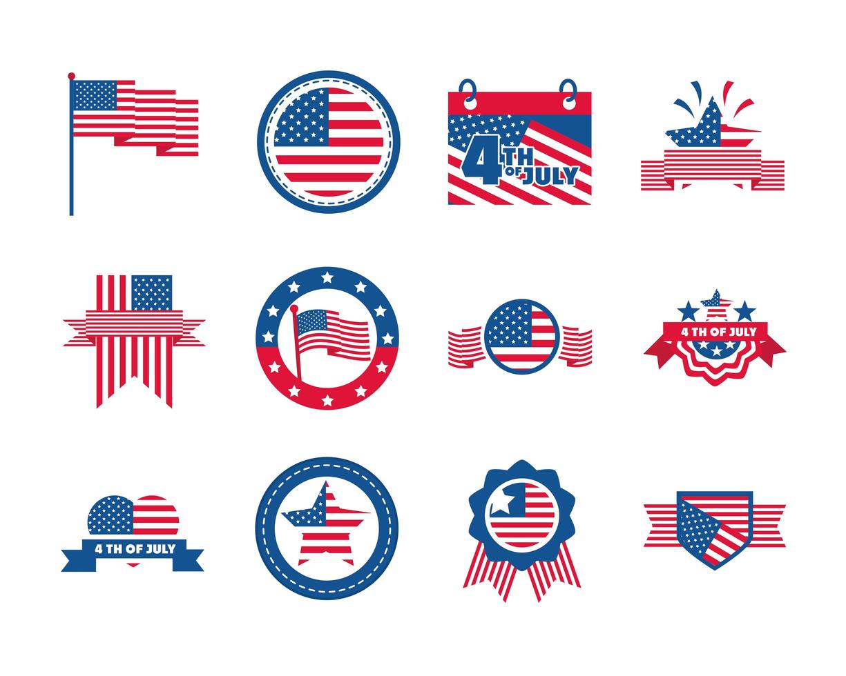4 de julho celebração do dia da independência ícones da bandeira americana em homenagem ao memorial definir ícone de estilo simples vetor