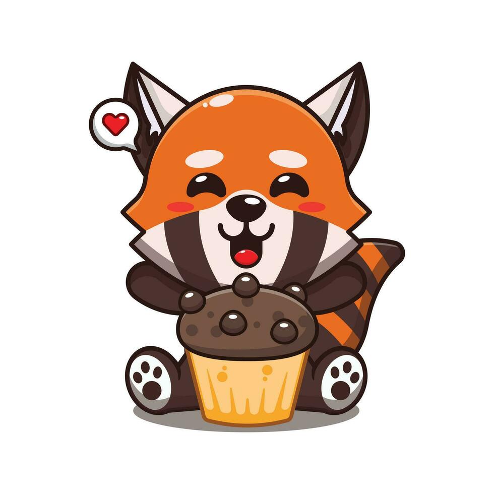 fofa vermelho panda com copo bolo desenho animado vetor ilustração.