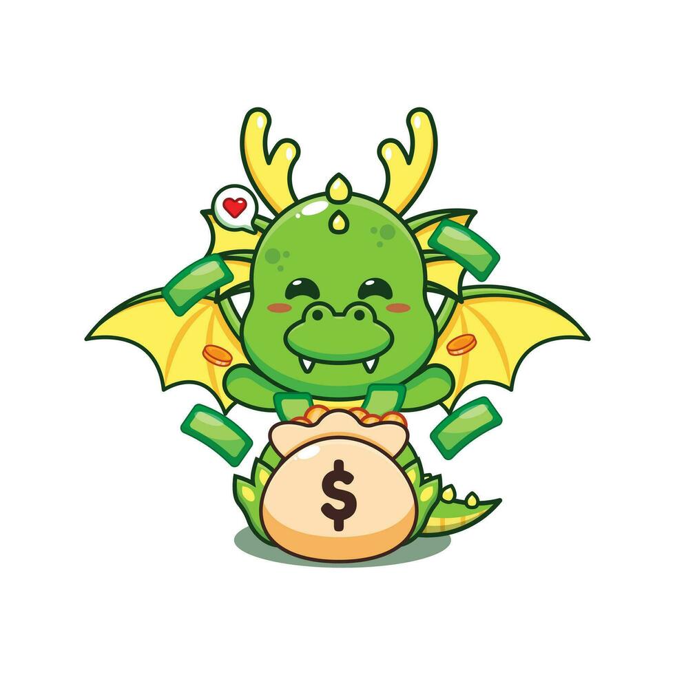 Dragão com dinheiro saco desenho animado vetor ilustração.