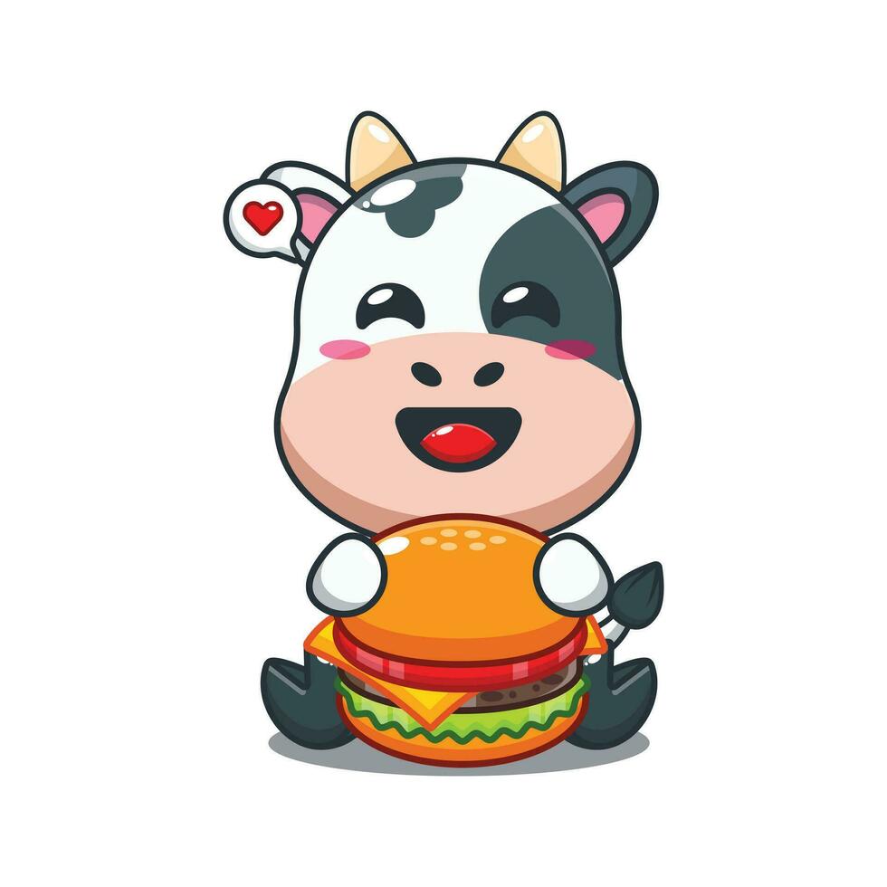 vaca com hamburguer desenho animado vetor ilustração.