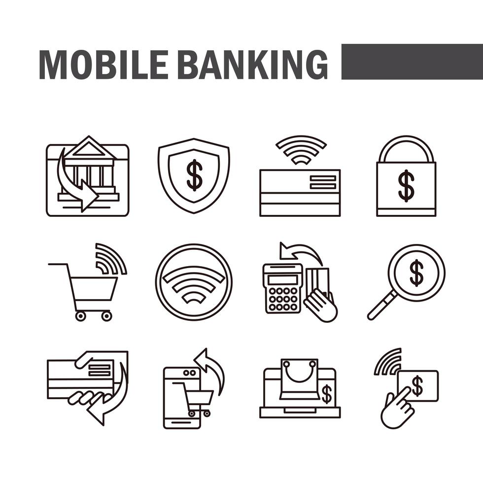 ícones de comércio eletrônico on-line do mercado de compras ou pagamento de banco móvel definir linha e preencher ícone de estilo de linha vetor