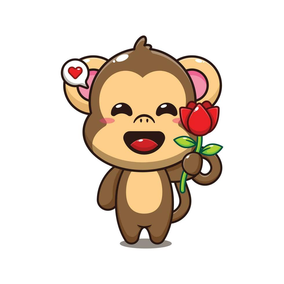 fofa macaco segurando rosa flor desenho animado vetor ilustração.