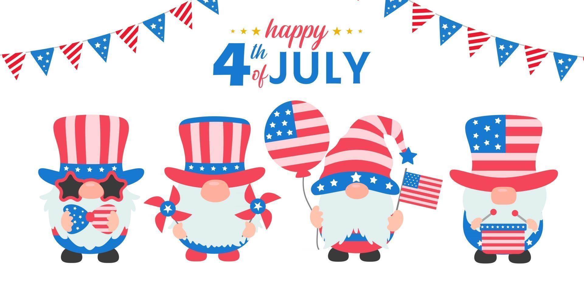 Os gnomos do dia 4 de julho vestiram uma fantasia com a bandeira americana para celebrar o dia da independência vetor