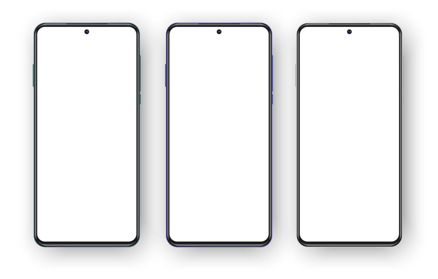 conjunto de três telefones de cores diferentes, maquete realista de smartphones 3D vetor