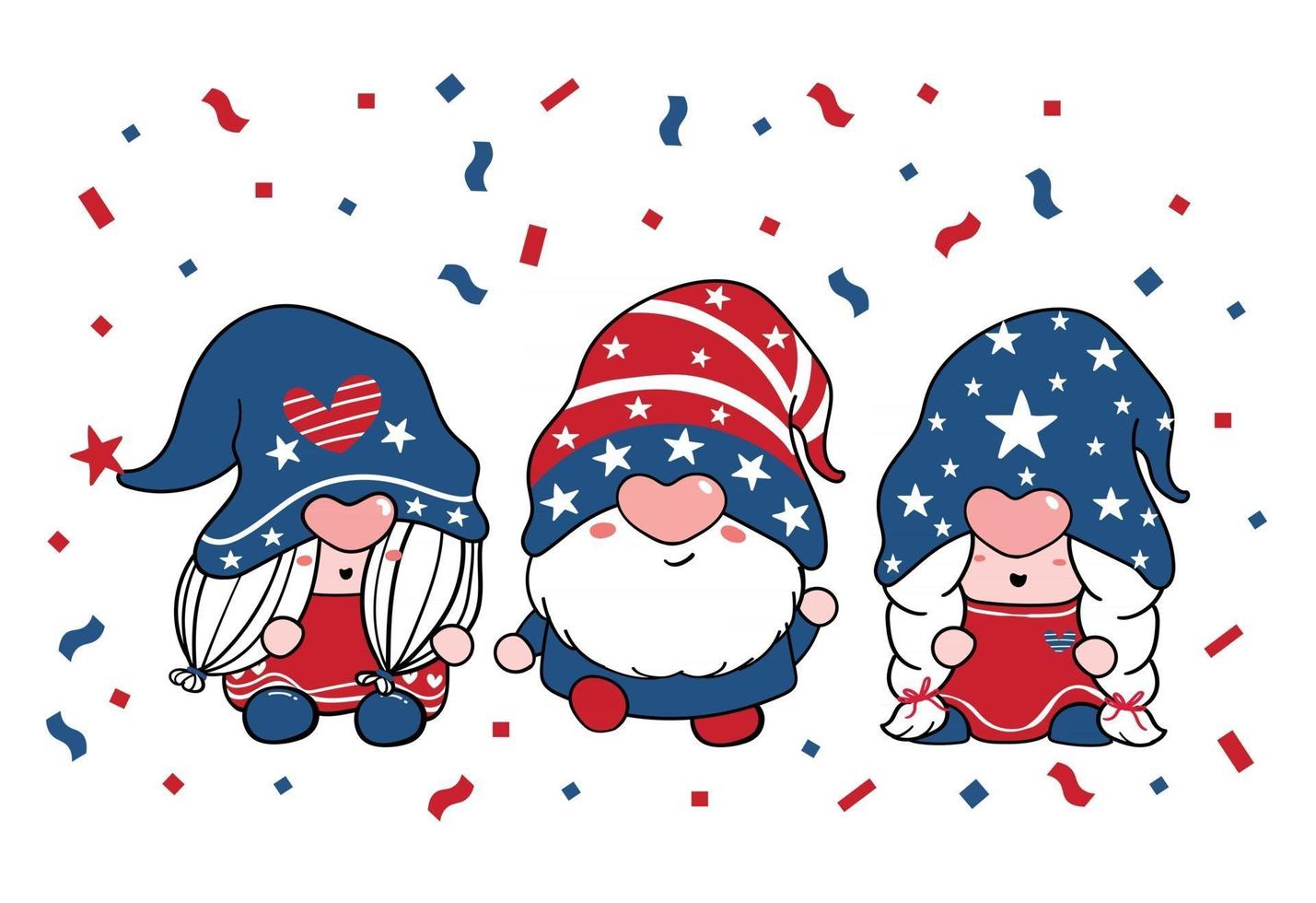 gnomo três trio fofo dia da independência, 4 de julho gnomo patriótico em vermelho e azul ilustração cartoon doodle clipart vetor