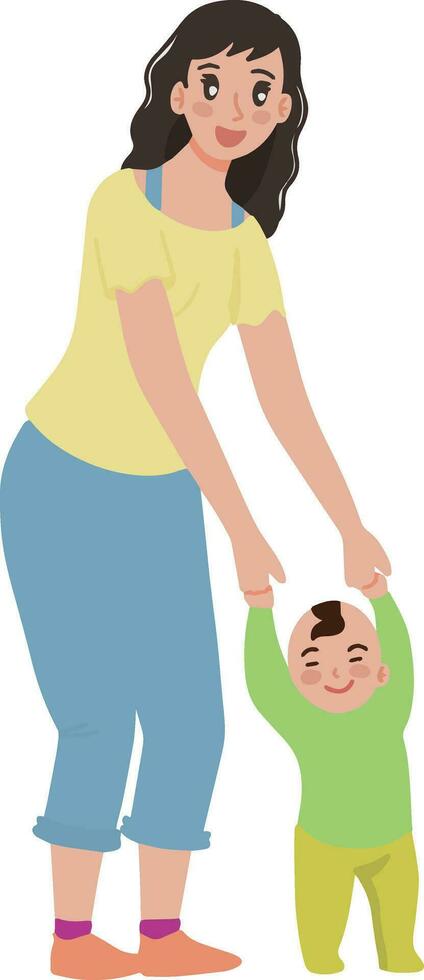 retrato mãe vida do uma jovem mãe ensina dela bebê criança para andar ilustração vetor