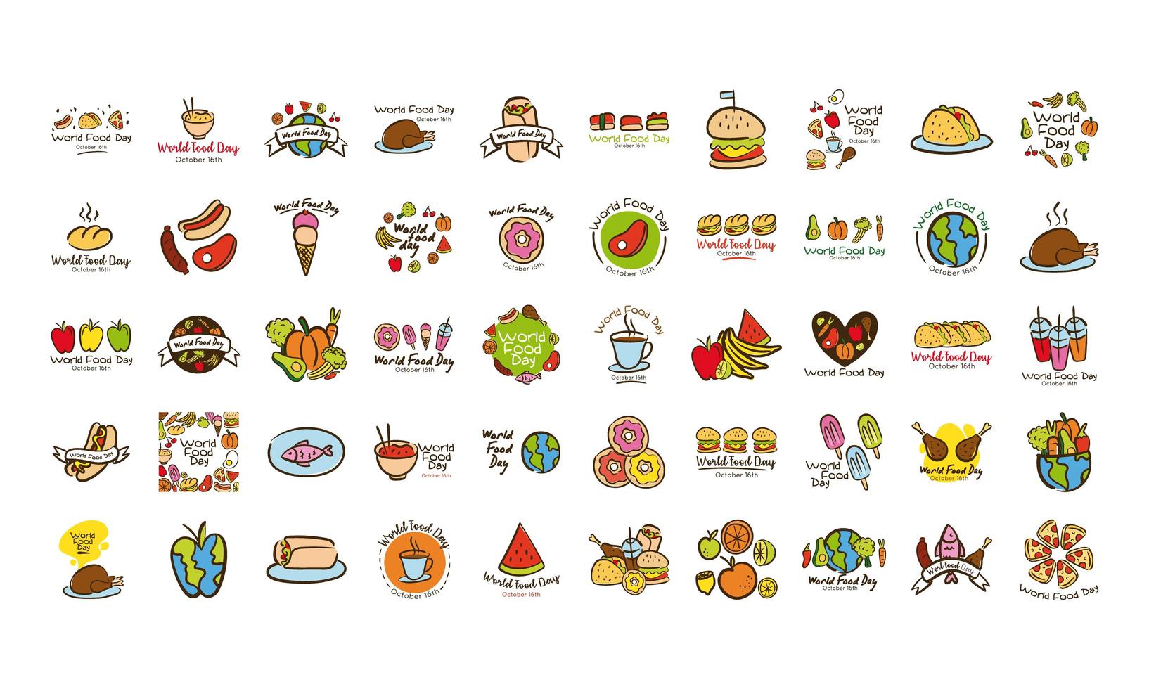 pacote de ícones de estilo simples de cinquenta inscrições de comemoração do dia mundial da comida vetor