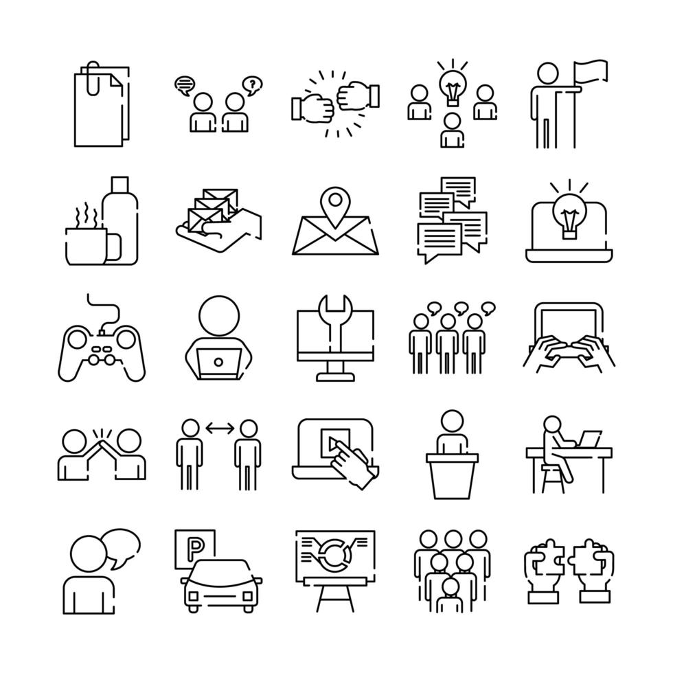 pacote de vinte e cinco ícones de estilo de linha de conjunto de coworking vetor