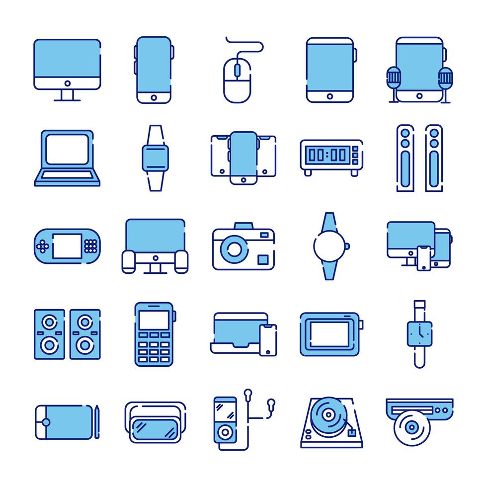 pacote de vinte e cinco dispositivos eletrônicos conjunto de ícones vetor