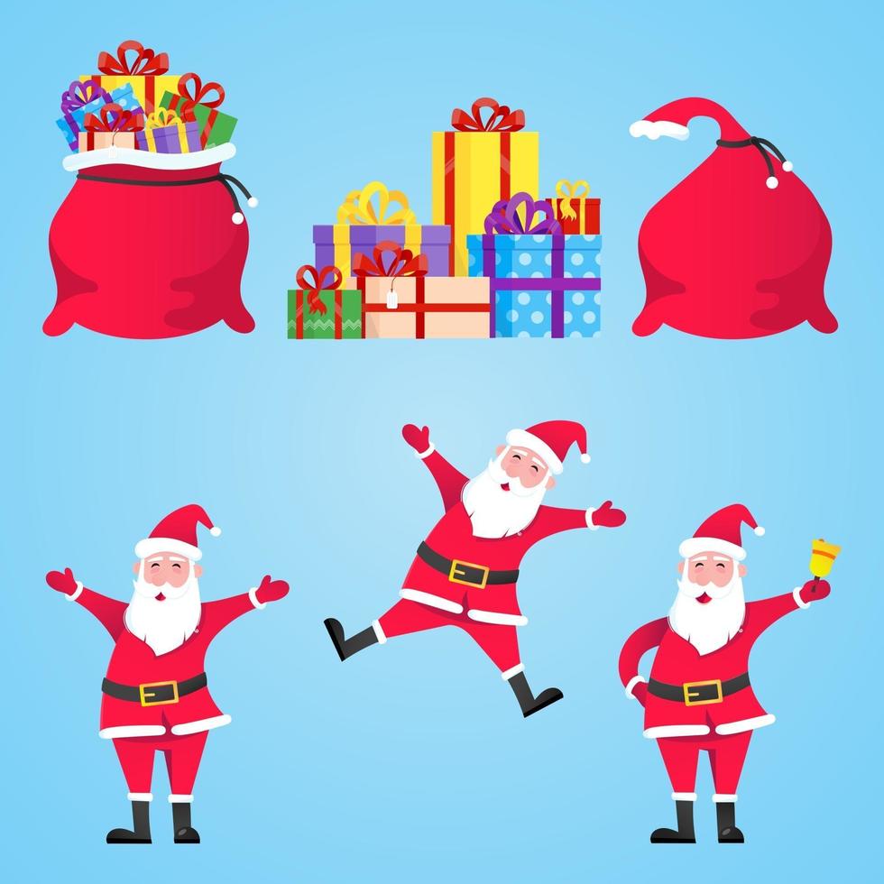 Papai Noel e sacolas de presente com presentes definem ilustração em vetor personagem estilo simples