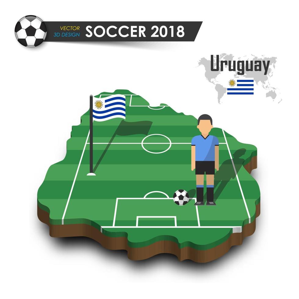 jogador de futebol da seleção nacional de futebol do uruguai e bandeira no mapa do país de design 3D isolado vetor de fundo para o conceito de torneio do campeonato mundial internacional 2018