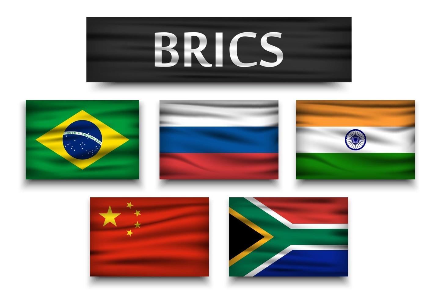 brics associação de 5 países brasil rússia índia china áfrica do sul bandeiras realistas com fundo isolado vetor