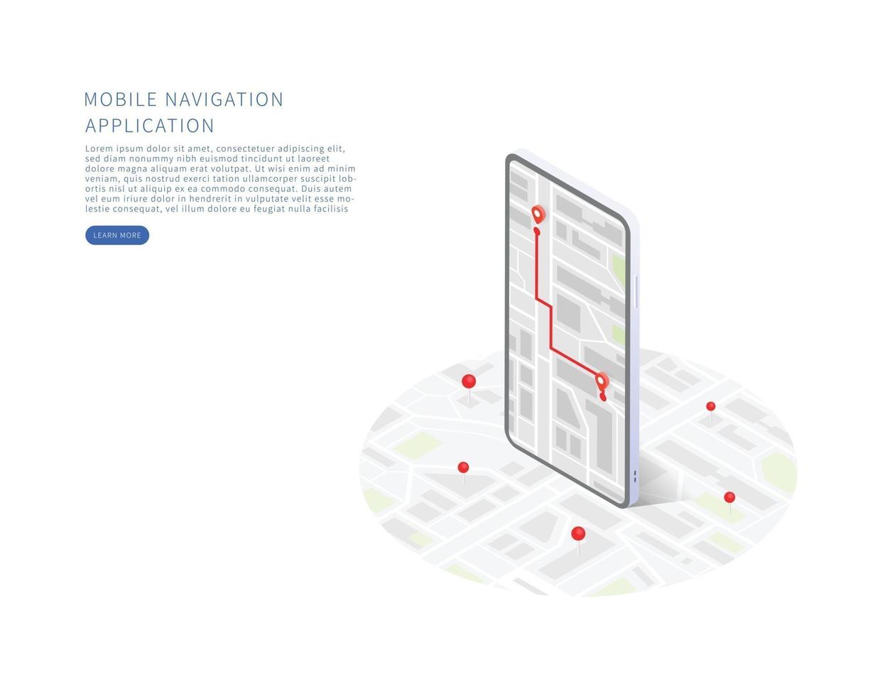 aplicativo de navegação móvel no plano isométrico da cidade de ilustração vetorial isométrica com rastreamento de gps de estradas de edifícios no mapa do smartphone no aplicativo móvel vetor